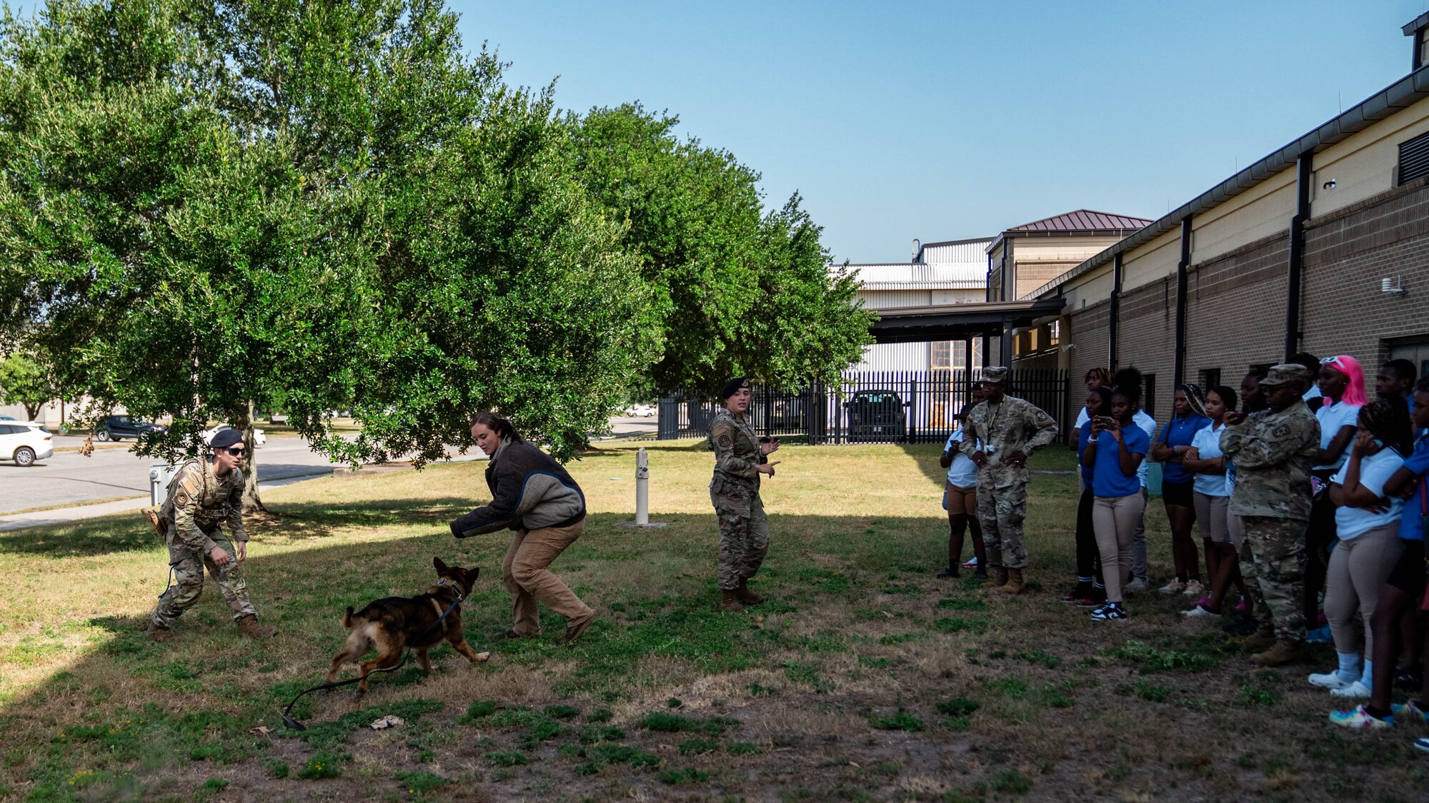 81st Security Forces Squadron Military Working Dog handlers and Rico, 81st SFS MWD, perform a MWD demonstration for Meridian High School JROTC students at Keesler Air Force Base, Mississippi, Aug. 22, 2023.