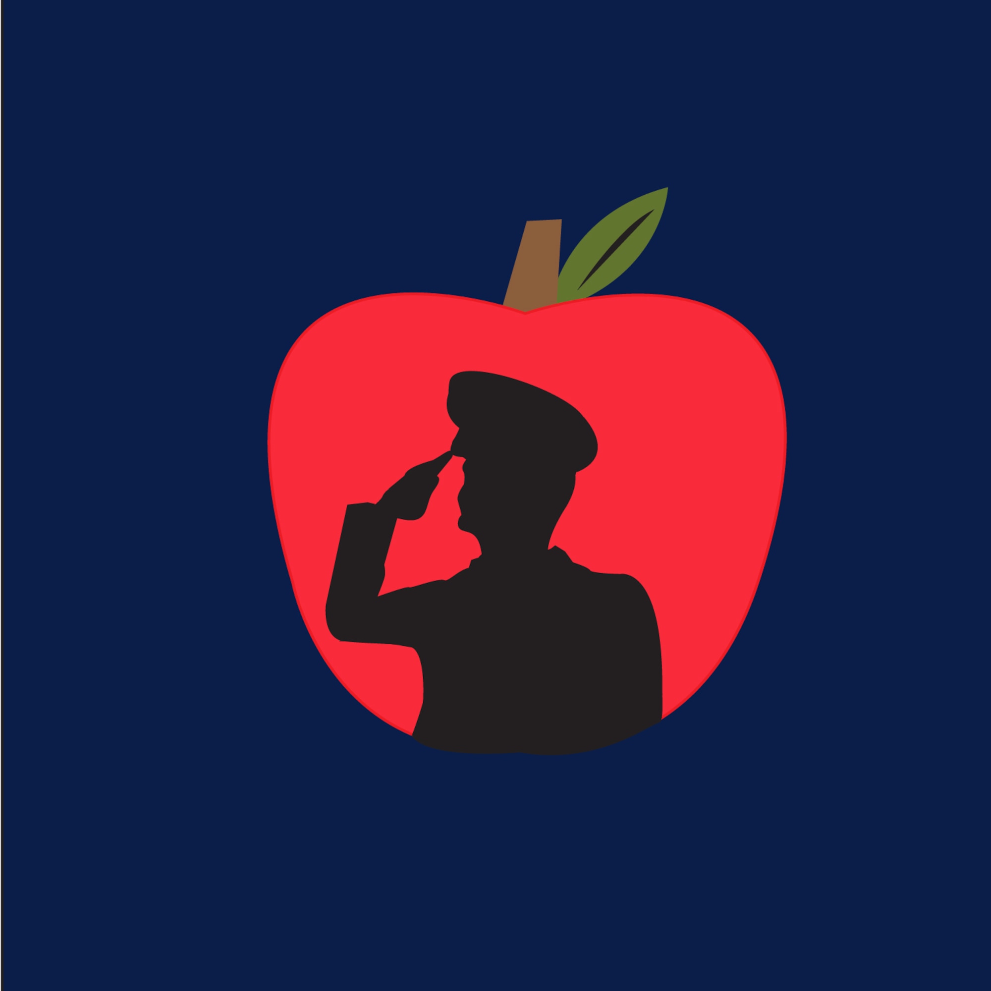 Graphic of apple with military member saluting silhouette.