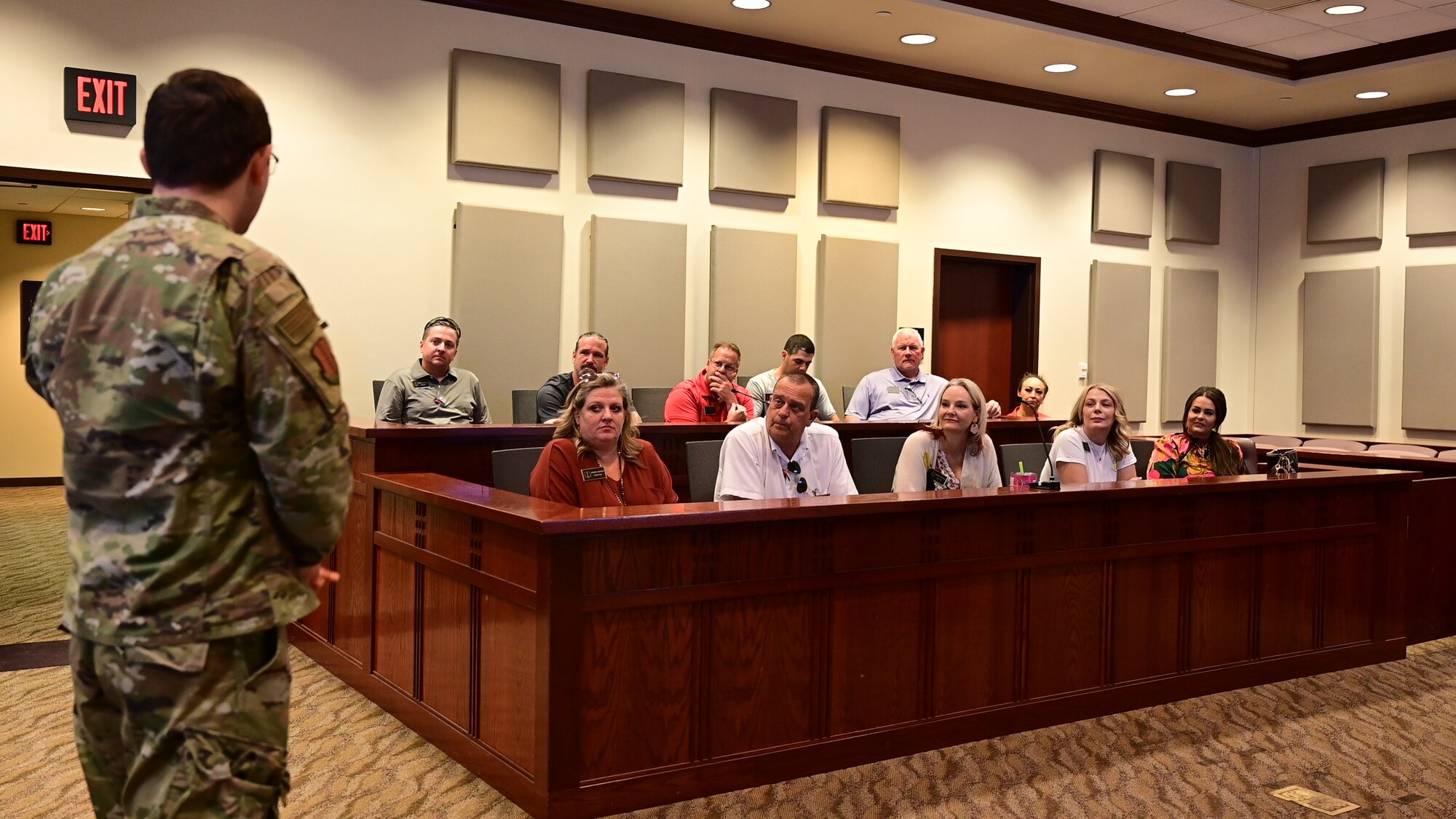 17th Training Wing honorary commanders act as a jury during a mock trial at Goodfellow Air Force Base, Texas, Aug 30, 2023. Honorary Commanders acted as the jury of the mock trial to understand how violations of the Uniform Code of Military Justice are treated in a military-style court. (U.S. Air Force photo by Airman 1st Class Zach Heimbuch)