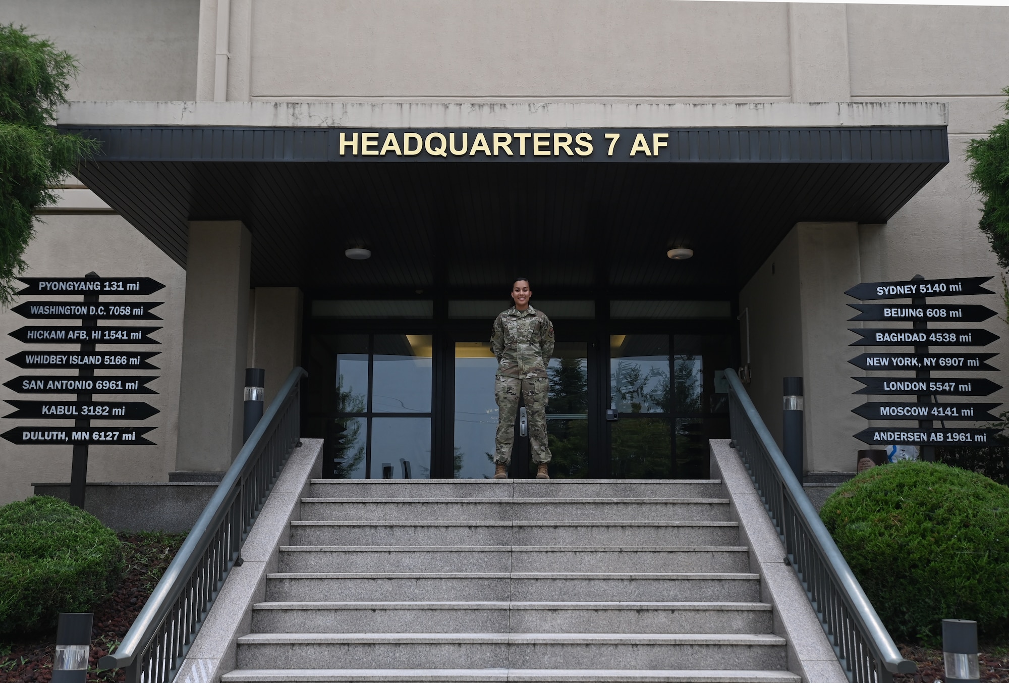 Tech. Sgt. Micaela Mahan, 7th Air Force Office of the Staff Judge Advocate, stands outside the 7th Air Force Headquarters entrance at Osan Air Base, Republic of Korea, July 20, 2023.