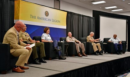 Left to right, Master Chief Petty Officer Jason M. Vanderhaden, the master chief petty officer of the Coast Guard; U.S. Marine Corps Sgt. Maj. Carlos A. Ruiz, sergeant major of the Marine Corps; Chief Master Sgt. of the Air Force JoAnne S. Bass; U.S. Army Sgt. Maj. Michael Perry, senior enlisted advisor to the assistant chief of staff, G9; Command Master Chief Matt R. Harris, senior enlisted advisor to the U.S. Navy vice chief of naval operations; Senior Enlisted Advisor Tony Whitehead, SEA to the chief of the National Guard Bureau; discuss quality of life matters affecting readiness at the American Legion convention Aug. 26, 2023, in Charlotte, N.C.