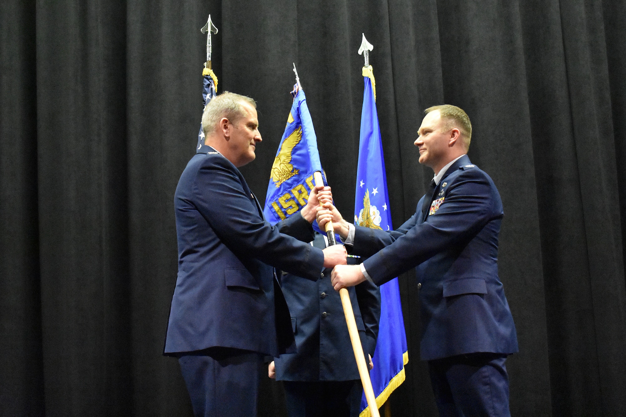 Col. Eric Bernkopf, right, takes command of the 655th Intelligence, Surveillance and Reconnaissance (ISR) Group from Col. Joseph Marcinek, former 655th ISR Wing commander, during a change-of-command ceremony March 4, 2023, at the National Museum of the U.S. Air Force, Dayton, Ohio, nearly 10 years after the unit first stood up. (U.S. Air Force photo/Maj. Wilson Wise)