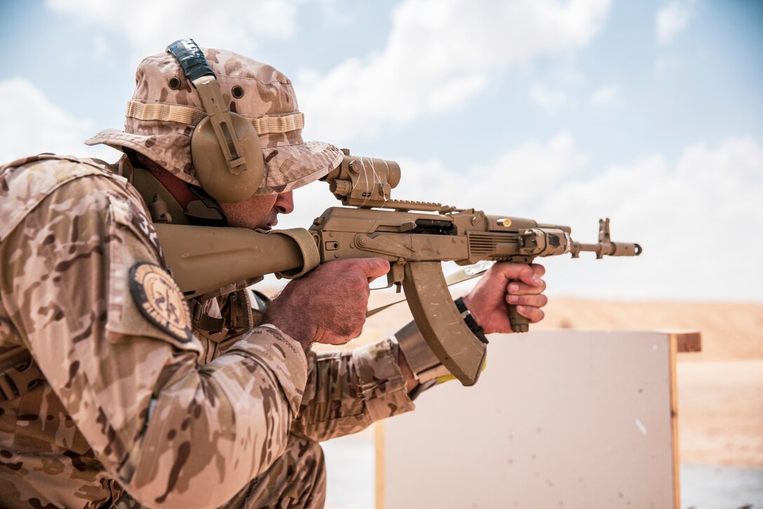 An Egyptian Counter Terrorism Force member fires his weapon system while participating in a dynamic shooting competition during exercise Bright Star 23 at Mohamed Naguib Military Base (MNMB), Egypt, Sept. 4, 2023. Bright Star 23 is a multilateral U.S. Central Command exercise held with the Arab Republic of Egypt across air, land, and sea domains that promotes and enhances regional security and cooperation, and improves interoperability in irregular warfare against hybrid threat scenarios. (U.S. Marine Corps Photo by Staff Sgt. Victor Mancilla)