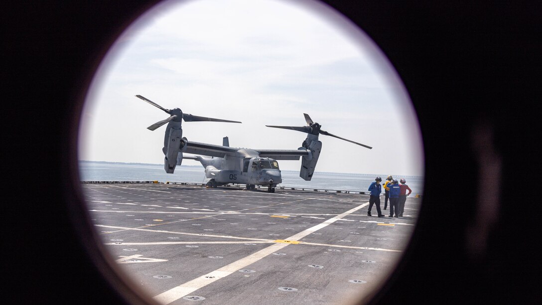 A Marine Corps V-22 Osprey, assigned to the "Thunder Chickens" of Marine Medium Tiltrotor Squadron 263, lands on the flight deck of USS Fort Lauderdale (LPD-28) during Defense Support of Civil Authorities (DSCA) mission rehearsals at Naval Base Norfolk, Virginia, Aug. 21, 2023. Marines and Sailors with the II Marine Expeditionary Force (II MEF) Maritime DSCA Task Force conducted a full destructive weather mission rehearsal, designed by II MEF and United States Fleet Forces Command to prepare their capabilities for a future DSCA mission. (U.S. Marine Corps Photo by Lance Cpl. Alfonso Livrieri)