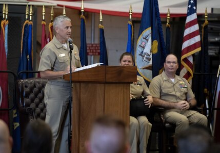 230906-N-DH811-1046 Virginia Beach, Va. (Sept. 6, 2023) — Rear. Adm. Mark Haigis, deputy commander of Navy Expeditionary Combat Command (NECC), speaks during an assumption of command ceremony for four Reserve surface warfare officers assuming command at sea for security boat companies within Maritime Expeditionary Security Squadrons Eight and Ten, Sept. 6. NECC’s Maritime Expeditionary Security Force deploys globally and operates throughout the sea-to-shore and inland operating environment, protecting maritime infrastructure, providing insertion and extraction capabilities and supporting assets enabling maritime operations. (U.S. Navy photo by Mass Communication Specialist 1st Class Benjamin T. Liston)