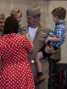 230906-N-DH811-1066 Virginia Beach, Va. (Sept. 6, 2023)— Cmdr. David Pascoe, a Reserve surface warfare officer, receives his command-at-sea pin during an assumption of command ceremony, Sept. 6, onboard Joint Expeditionary Base Little Creek-Fort Story. Navy Expeditionary Combat Command’s Maritime Expeditionary Security Force deploys globally and operates throughout the sea-to-shore and inland operating environment, protecting maritime infrastructure, providing insertion and extraction capabilities and supporting assets enabling maritime operations. (U.S. Navy photo by Mass Communication Specialist 1st Class Benjamin T. Liston)