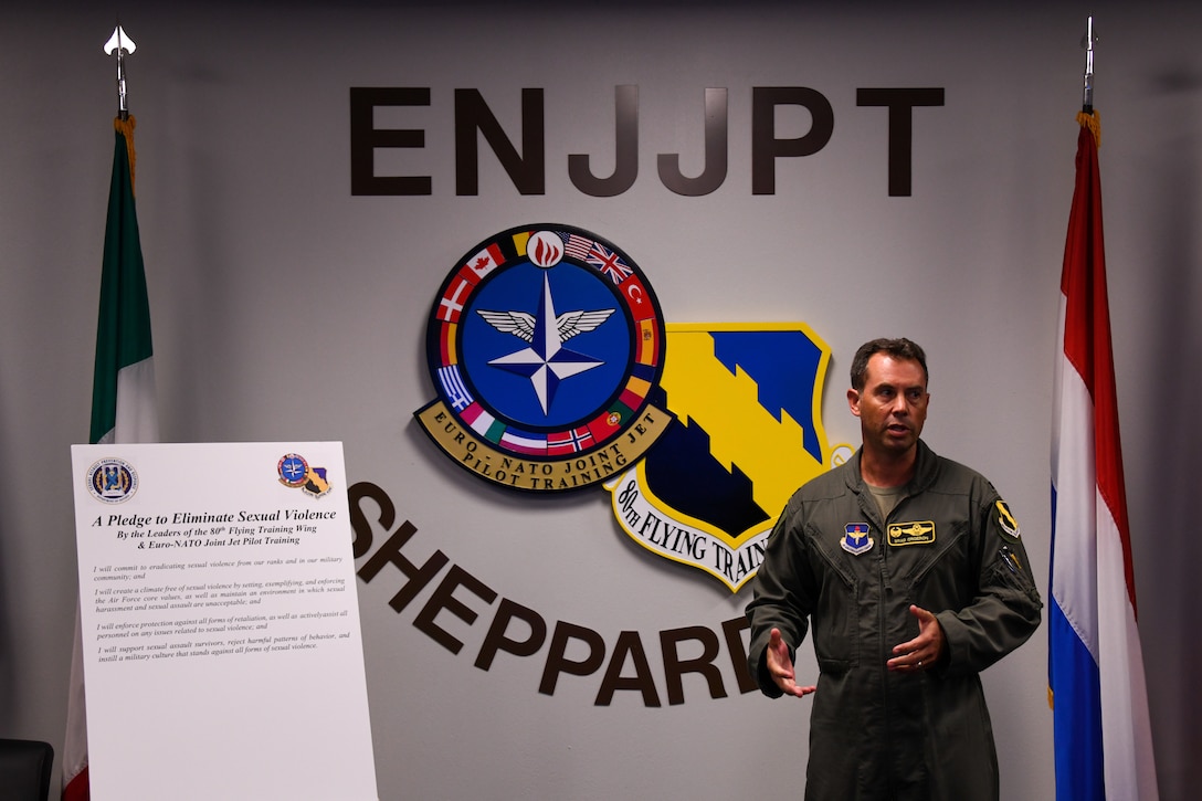 U.S. Air Force Col. Brad Orgeron, Commander of the 80th Flying Training Wing talks about the 80th FTW's commitment to eliminate sexual violence Aug. 28, 2023, at Sheppard Air Force Base, Texas. This joint pledge serves as a powerful testament to their dedication to supporting victims of sexual assault and their determination to eliminate such incidents from their ranks. (Courtesy Photo)