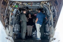 Staff members of the Hawaii Military Affairs Council (MAC) observe a static display of an MV-22B Osprey during a visit to Marine Corps Base Hawaii, Aug. 23, 2023. The purpose of the visit was to communicate ongoing installation and tenant command efforts to strengthen relations between both entities. The Hawaii MAC advocates and liaisons with military commands to support the military’s role and strategic relevance in Hawaii, while identifying potential impacts to the defense industry, Hawaii’s businesses and surrounding communities. (U.S. Marine Corps photo by Lance Cpl. Clayton Baker)