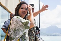 U.S. Rep. Jill Tokuda, Hawaii 2nd Congressional District, and U.S. Marine Corps Col. Jeremy Beaven, commanding officer of Marine Corps Base Hawaii, tour the northern side of the base during a visit to MCBH, Aug. 23, 2023. Tokuda visited MCBH to gain insight into current base modernization efforts to meet the demands of a constantly evolving strategic environment in accordance with Force Design 2030. (U.S. Marine Corps photo by Cpl. Brandon Aultman)