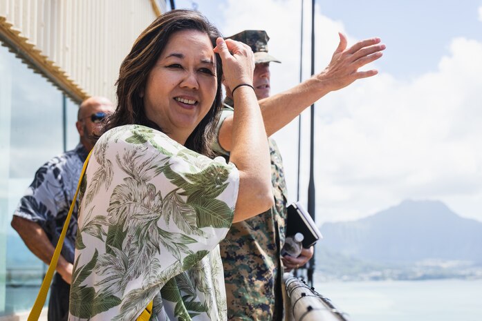 U.S. Rep. Jill Tokuda, Hawaii 2nd Congressional District, and U.S. Marine Corps Col. Jeremy Beaven, commanding officer of Marine Corps Base Hawaii, tour the northern side of the base during a visit to MCBH, Aug. 23, 2023. Tokuda visited MCBH to gain insight into current base modernization efforts to meet the demands of a constantly evolving strategic environment in accordance with Force Design 2030. (U.S. Marine Corps photo by Cpl. Brandon Aultman)