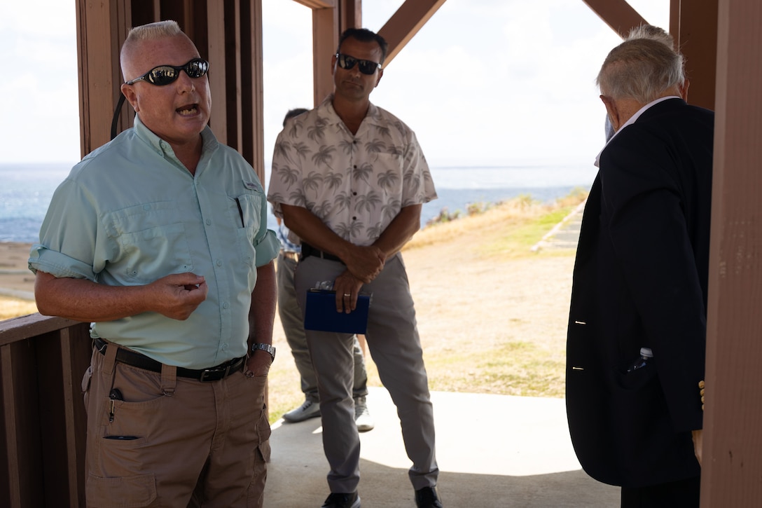 Dan Geltmacher, a range and training area manager with Marine Corps Base Hawaii, speaks to staff members of the Hawaii Military Affairs Council (MAC) during a visit, MCBH, Aug. 23, 2023. The purpose of the visitation was to provide members of the MAC a greater understanding of the military mission and challenges to better advocate with the Department of the Defense, State of Hawaii, and congressional delegation. (U.S. Marine Corps photo by Cpl. Chandler Stacy)