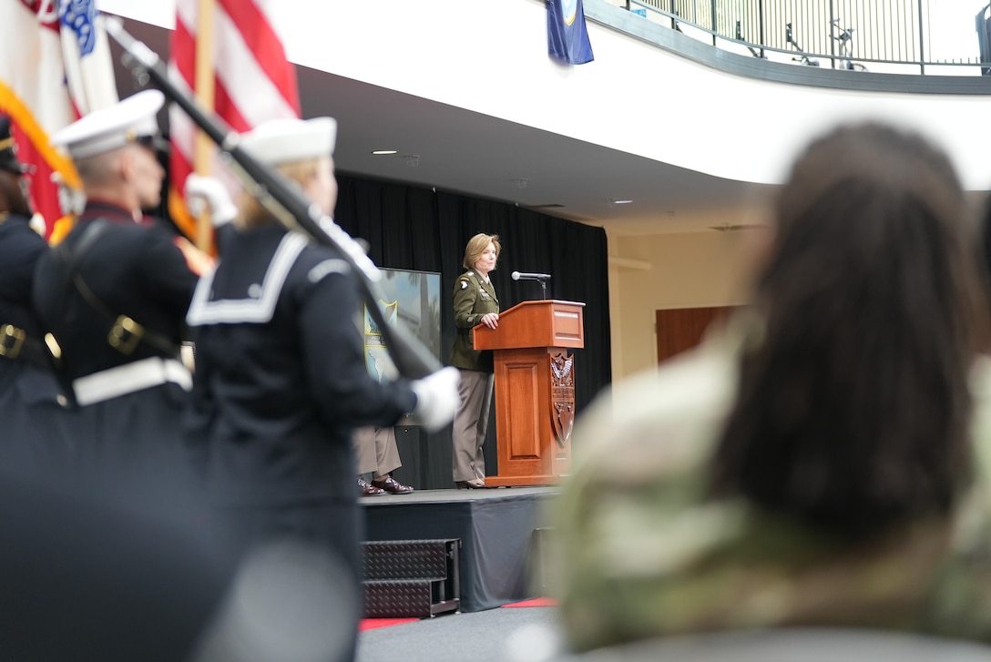 Army Gen. Laura Richardson gives remarks during the SOUTHCOM Senior Enlisted Leader change of responsibility ceremony.