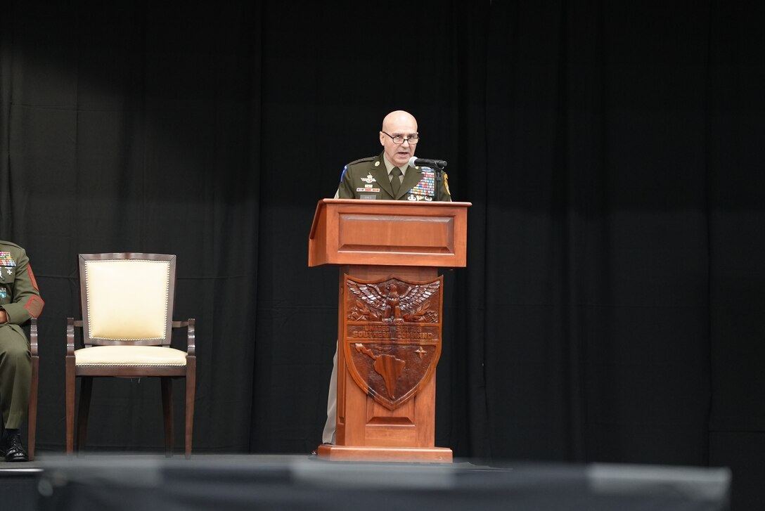 U.S. Army Command Sgt. Maj. Benjamin Jones gives remarks during the SOUTHCOM Senior Enlisted Leader change of responsibility ceremony.