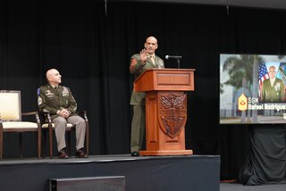 U.S. Marine Sgt. Maj. Rafael Rodriguez gives remarks during the SOUTHCOM Senior Enlisted Leader change of responsibility ceremony.