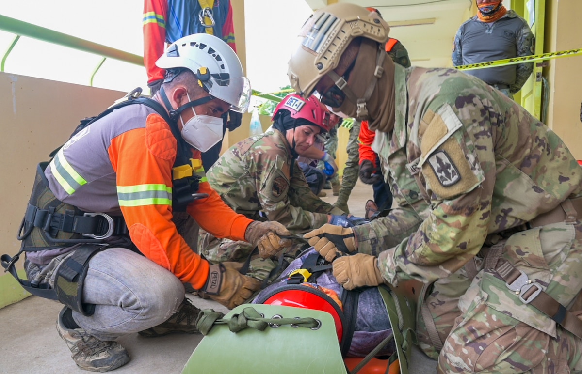 U.S. Army and Air National Guard members train with Armed Forces of the Philippines service members and Disaster Risk Reduction Management Office staff on urban search and rescue skills Aug. 29, 2023, at La Union Elementary School, San Fernando City, Philippines. Now in its 18th year, Pacific Partnership is the largest annual multinational humanitarian assistance and disaster relief preparedness mission conducted in the Indo-Pacific.