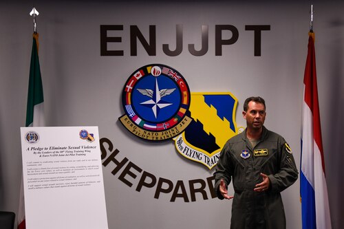 U.S. Air Force Col. Brad Orgeron, Commander of the 80th Flying Training Wing talks about the 80th FTW's commitment to eliminate sexual violence Aug. 28, 2023, at Sheppard Air Force Base, Texas. This joint pledge serves as a powerful testament to their dedication to supporting victims of sexual assault and their determination to eliminate such incidents from their ranks. (Courtesy Photo)
