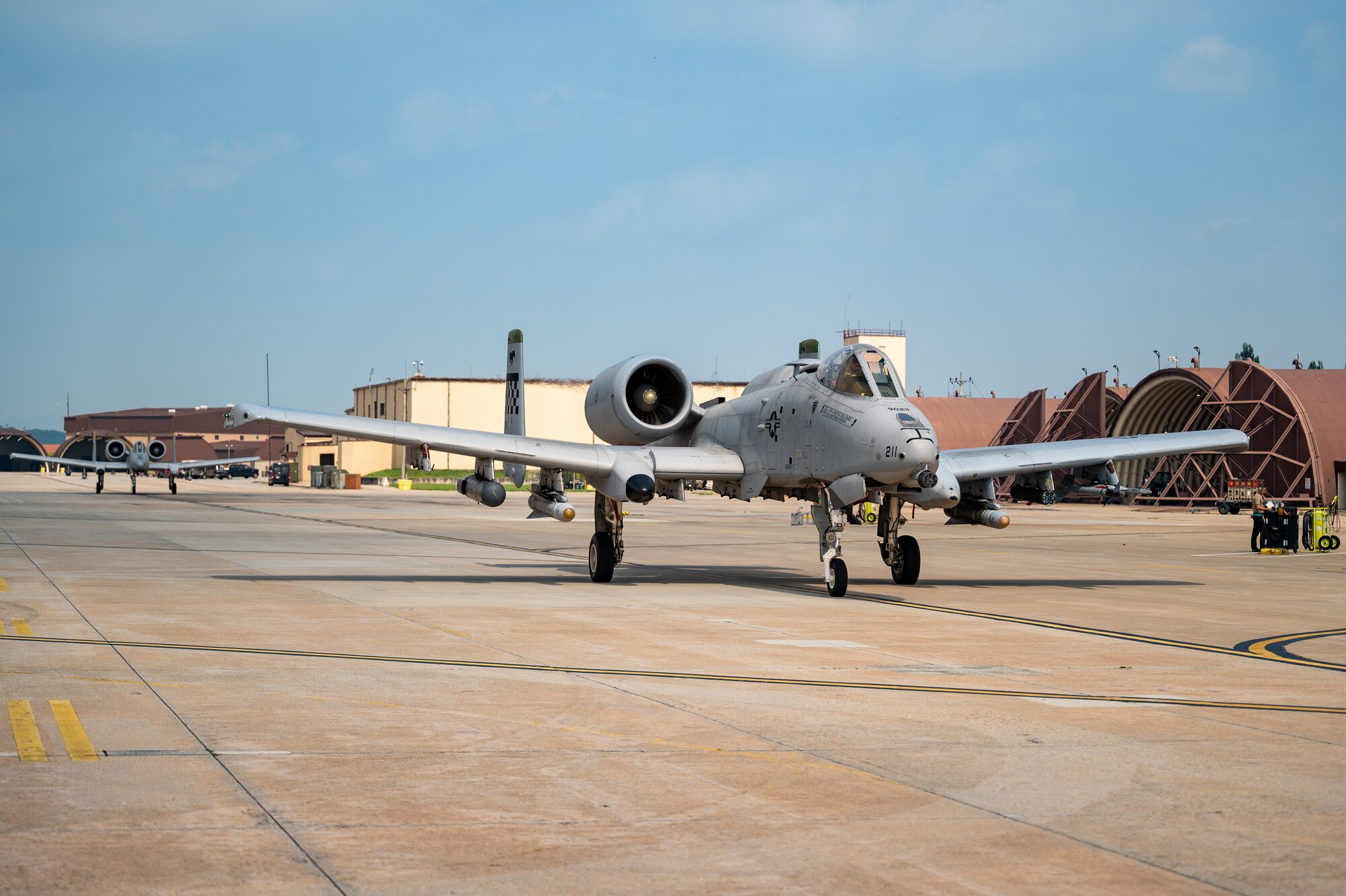 U.S. Air Force A-10C Thunderbolt IIs assigned to the 25th Fighter Squadron taxi to the runway at Osan Air Base, Republic of Korea, Aug. 31, 2023. The A-10 was designed for close air support of friendly ground troops, engaging armored vehicles and tanks, and providing quick-action support against enemy ground forces. At the 51st Fighter Wing, the 25th FS and the A-10 play a crucial role in the defense of Osan AB and the ROK. (U.S. Air Force photo by Staff Sgt. Thomas Sjoberg)