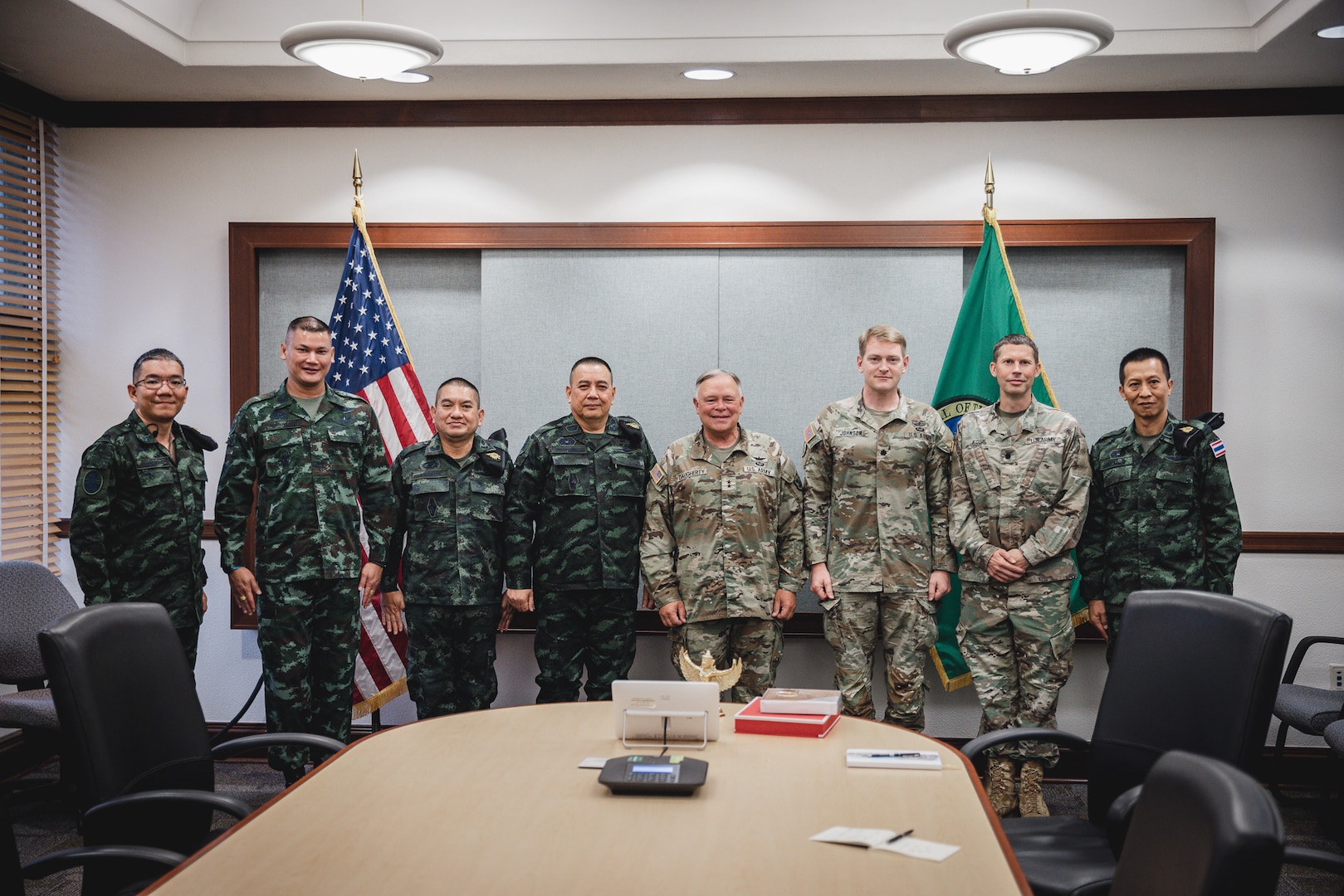 Group photo of Royal Thai Army and Washington National Guard during an opening dialogue with the adjutant general on August 29, 2023, at Camp Murray, Wash.