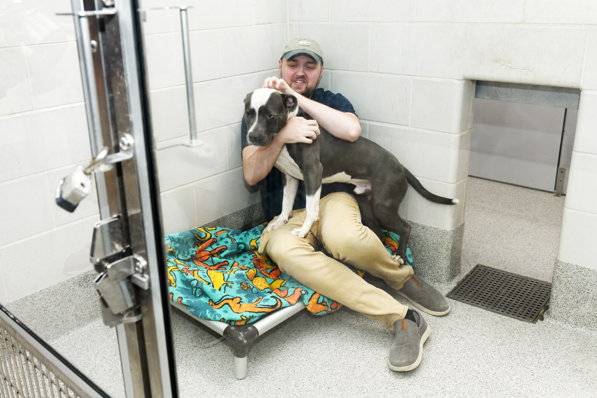 Man plays with dog in large kennel