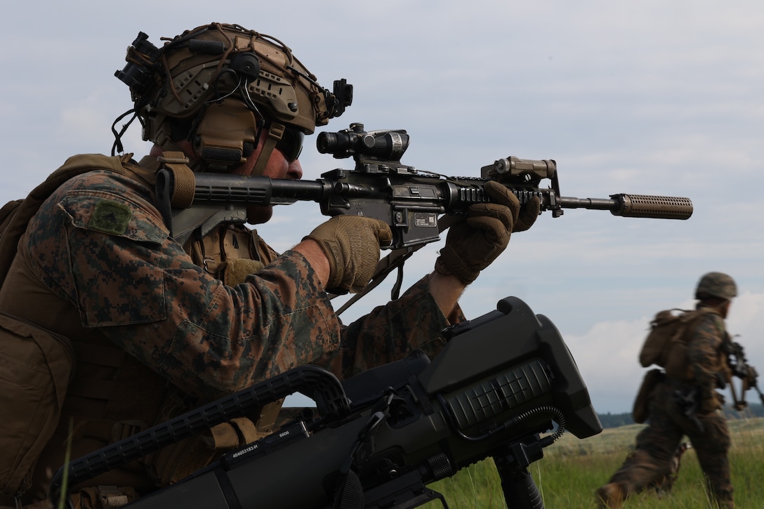 U.S. Marine Corps Lance Cpl. Moisey Reutov sets security during a live-fire high explosives range as part of Fuji Viper 23.3 at Combined Arms Training Center Camp Fuji, Japan, Aug 28, 2023. Fuji Viper is an annual exercise that enables Marines operating in Japan the opportunity to conduct combined arms live-fire training and maintain operational readiness, tactical proficiency, and lethality within the first island chain. Reutov, a native of Homer, Alaska, is a rifleman with 3d Battalion, 5th Marines and is currently forward deployed in the Indo-Pacific under 4th Marines, 3d Marine Division as a part of the Unit Deployment Program.