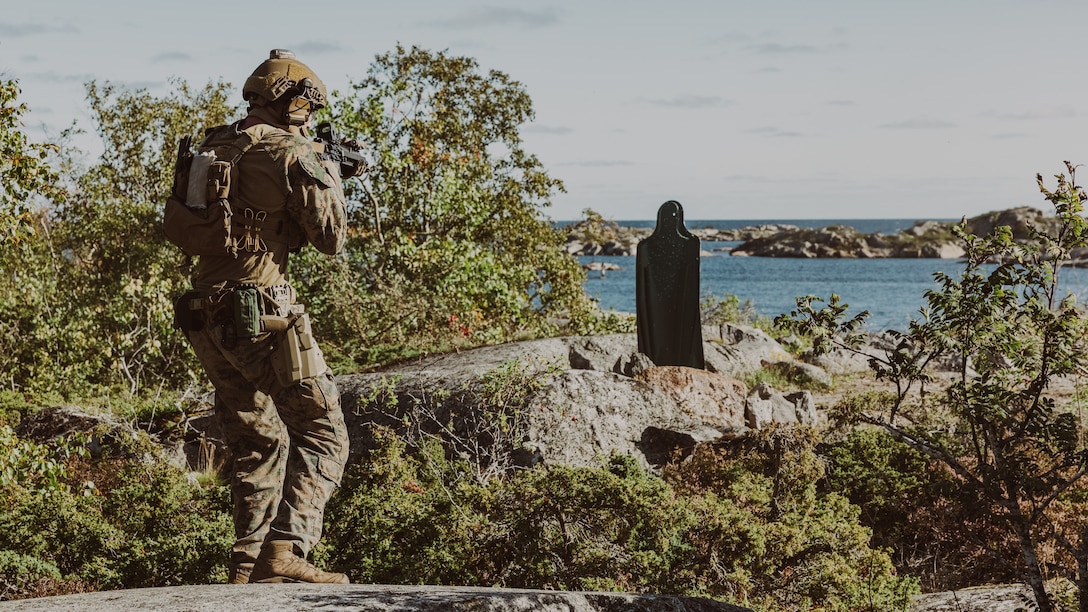 A U.S. Marine with Force Company, 2d Reconnaissance Battalion, 2d Marine Division, under tactical control of Task Force 61/2, acquires his sights on a target during a live-fire training evolution during Exercise Archipelago Endeavor 23 in Sweden on Sept. 6, 2023. Exercise Archipelago Endeavor is an integrated, Swedish Armed Forces-led exercise that increases operational capability and enhances strategic cooperation between the U.S. Marines and Swedish forces.