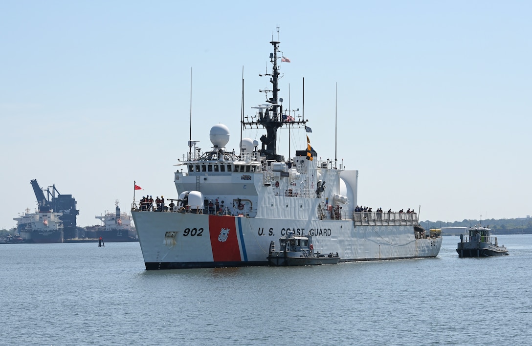 The crew of the U.S. Coast Guard Cutter Tampa (WMEC 902) returns to their home port in Portsmouth, Virginia following a 67-day patrol in the Florida Straits and Windward Passage, Sept. 5, 2023. Tampa deployed in support of Homeland Security Task Force — Southeast and conducted maritime safety and security missions. (U.S. Coast Guard photo by Petty Officer 2nd Class Brandon Hillard)
