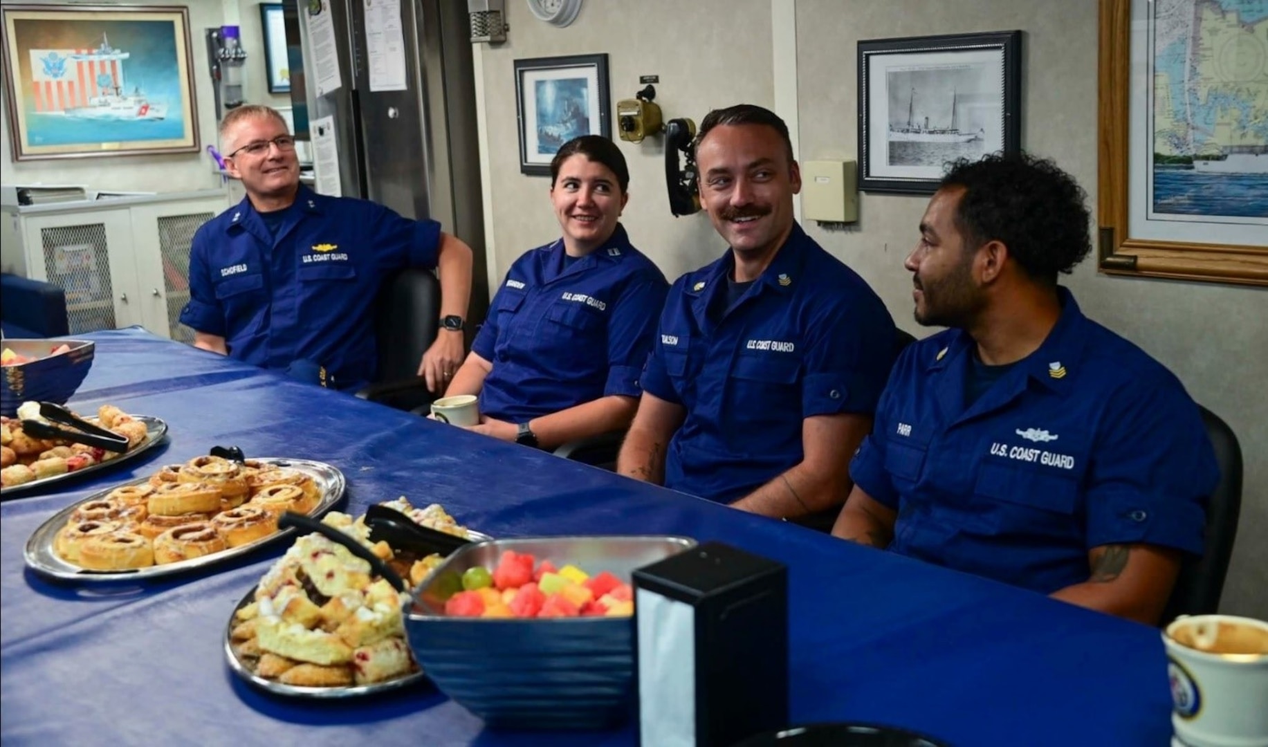 Rear Adm. Douglas Schofield, commander, Coast Guard Seventh District, far left, interacts with the crew of the U.S. Coast Guard Cutter Tampa (WMEC 902), Aug. 24, 2023, in Miami, Florida. Tampa deployed for a 67-day patrol and conducted maritime safety and security missions while in support of Homeland Security Task Force – Southeast. (U.S. Coast Guard photo by Petty Officer 2nd Class Gabrielle Marshall)