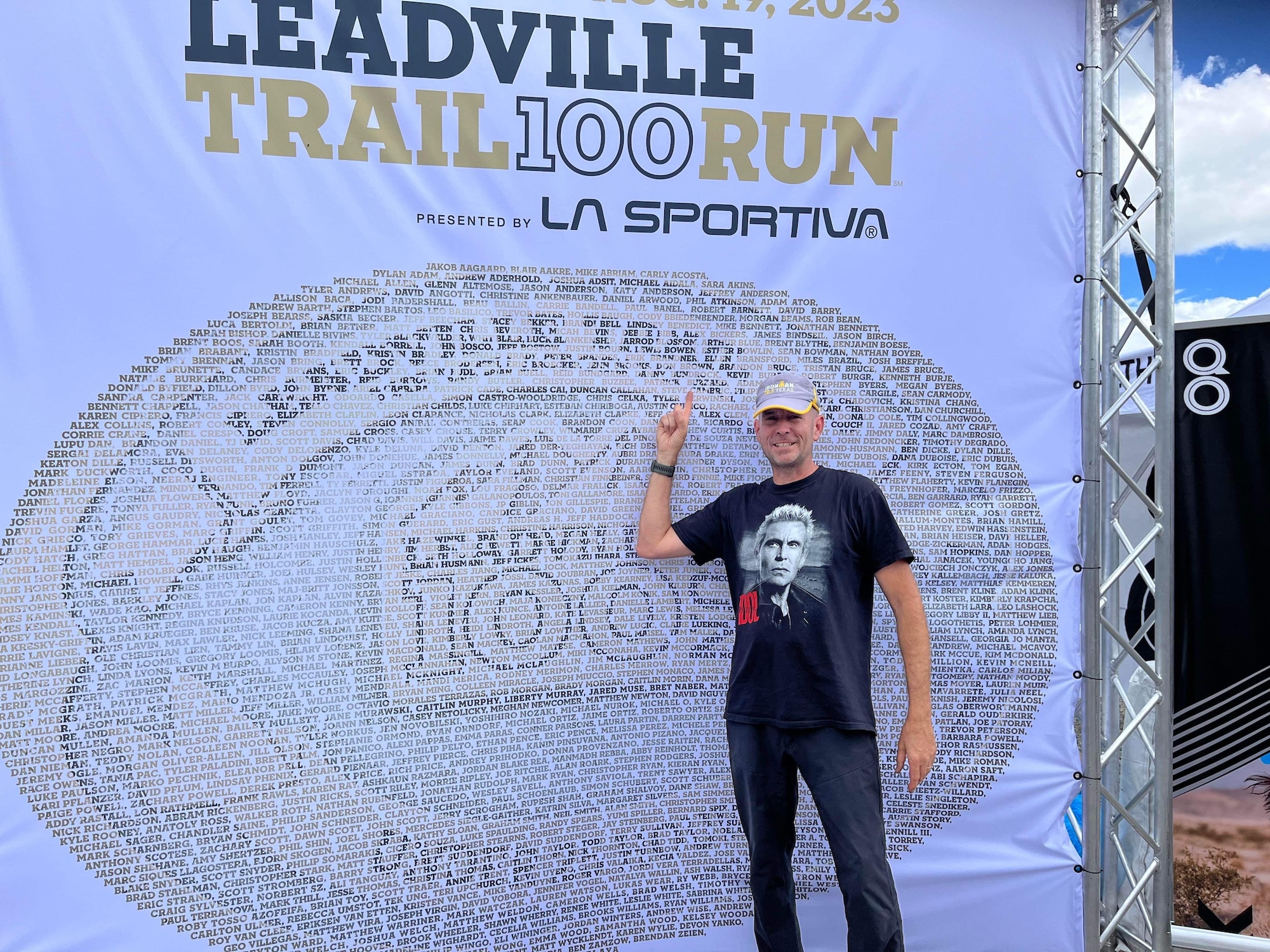 Patrick Buzzard, 4th Test and Evaluation Squadron security manager, poses for a photo in front of the Leadville Trail 100 Run sign near Leadville, Colorado, Aug. 18, 2023. The Leadville Trail 100 Run is an ultramarathon held annually on rugged trails and dirt roads through the heart of the Rocky Mountains. The course is a 50-mile out-and-back dogleg run primarily on the Colorado Trail, starting at 10,200 feet. The centerpiece of the course is the climb up to Hope Pass at 12,620 feet, encountered on both the outbound trek and on the return. Buzzard finished the 100-mile course in 29 hours, 48 minutes, and 57 seconds, just beating the 30-hour time limit. (Courtesy photo)