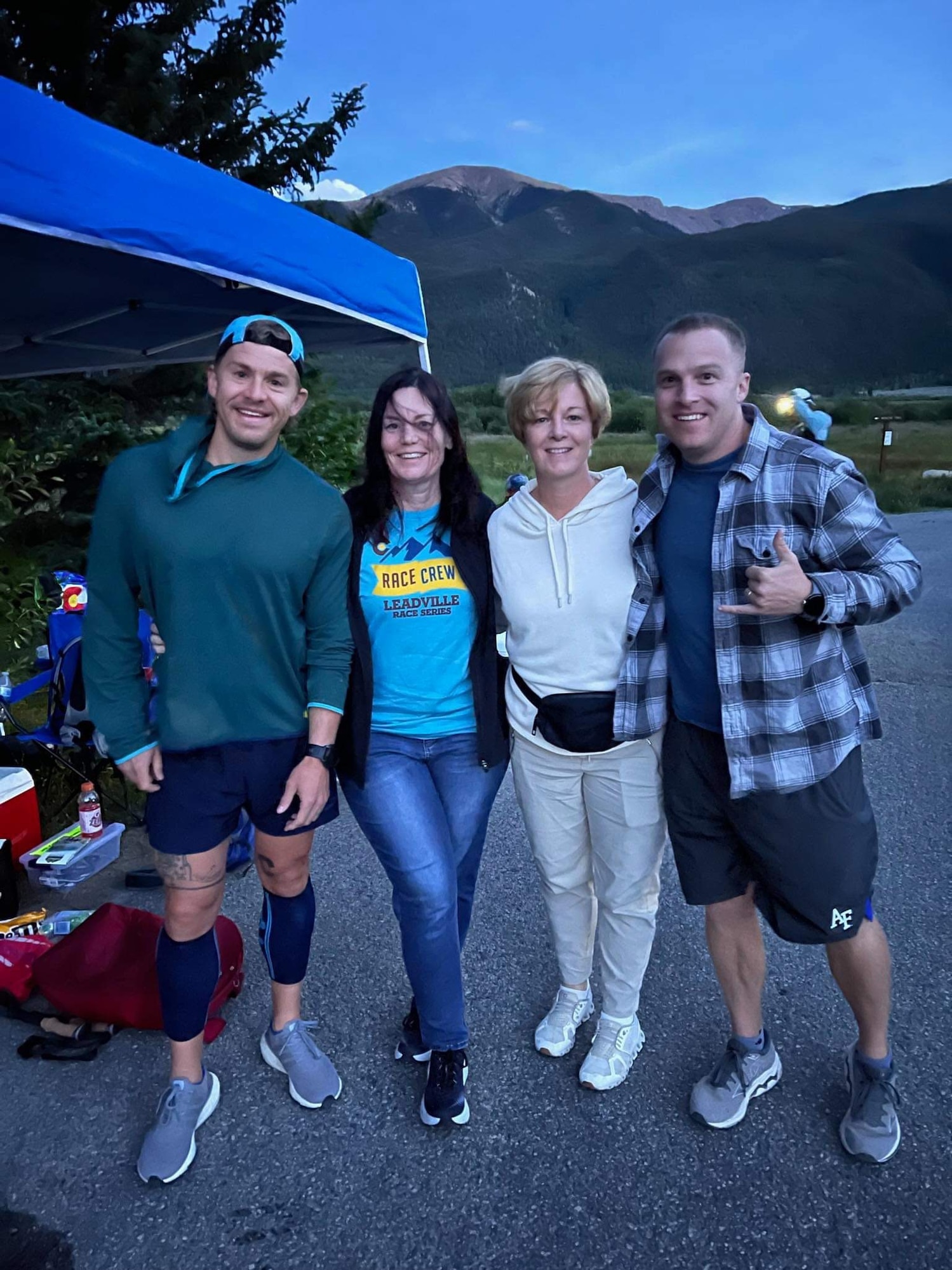 (From left to right) Benjamin Shearer, Christine Buzzard, Kristen Barker, and U.S. Space Force Lt. Col. Christopher McGrath, pose for a group photo during the Leadville Trail 100 Run near Leadville, Colorado, Aug. 19, 2023. Shearer and McGrath served as pacers during different portions of Patrick Buzzard’s, 4th Test and Evaluation Squadron security manager, 100-mile race. The Leadville Trail 100 Run is an ultramarathon held annually on rugged trails and dirt roads through the heart of the Rocky Mountains. The course is a 50-mile out-and-back dogleg run primarily on the Colorado Trail, starting at 10,200 feet. The centerpiece of the course is the climb up to Hope Pass at 12,620 feet, encountered on both the outbound trek and on the return. Buzzard finished the 100-mile course in 29 hours, 48 minutes, and 57 seconds, just beating the 30-hour time limit. (Courtesy photo)