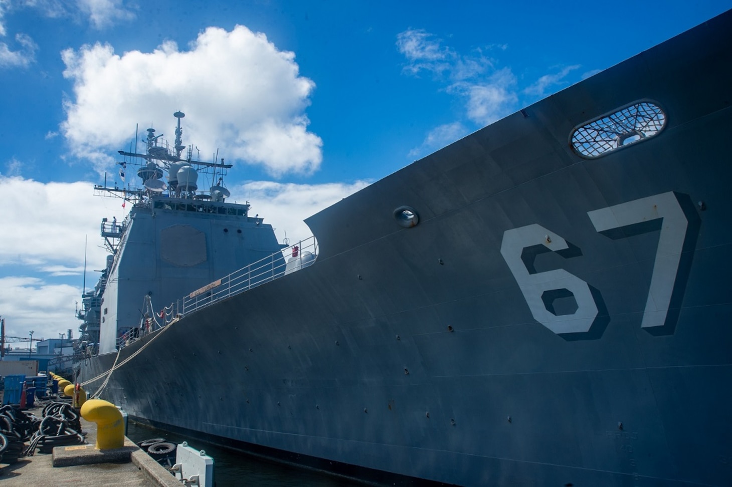 The Ticonderoga-class guided-missile cruiser USS Shiloh (CG 67) moored pier side in Yokosuka, Japan, Sept. 5, 2023. Shiloh departed Yokosuka on Sept. 5 to transit to its new homeport of Pearl Harbor, Hawaii, as part of a planned rotation of forces in the Pacific. Shiloh is attached to Commander, Carrier Strike Group 5 forward-deployed to the U.S. 7th Fleet area of operations in support of a free and open Indo Pacific. (U.S. Navy photo by Mass Communication Specialist 2nd Class Askia Collins)