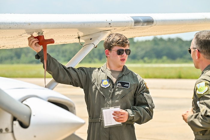 Air Force Junior ROTC Cadet John Gragg conducts a pre-flight inspection on an aircraft at Troy University, Troy, Ala., July 27, 2023. Gragg, a student at Clover High School, S.C., was one of the JROTC cadets taking part in pilot training at Troy University over the summer. The pilot training is part of the AFJROTC Flight Academy program, initiated in 2017 to instill interest in aviation careers in our nation’s youth and to diversify aircrews for both military and civilian aviation communities. Troy was one of 24 partnering universities in 2023 providing an eight-week pilot training course for academy attendees. (Courtesy photo)