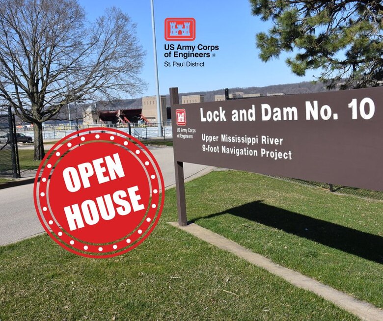 Brown sign in grass next to water, red sign that says open house