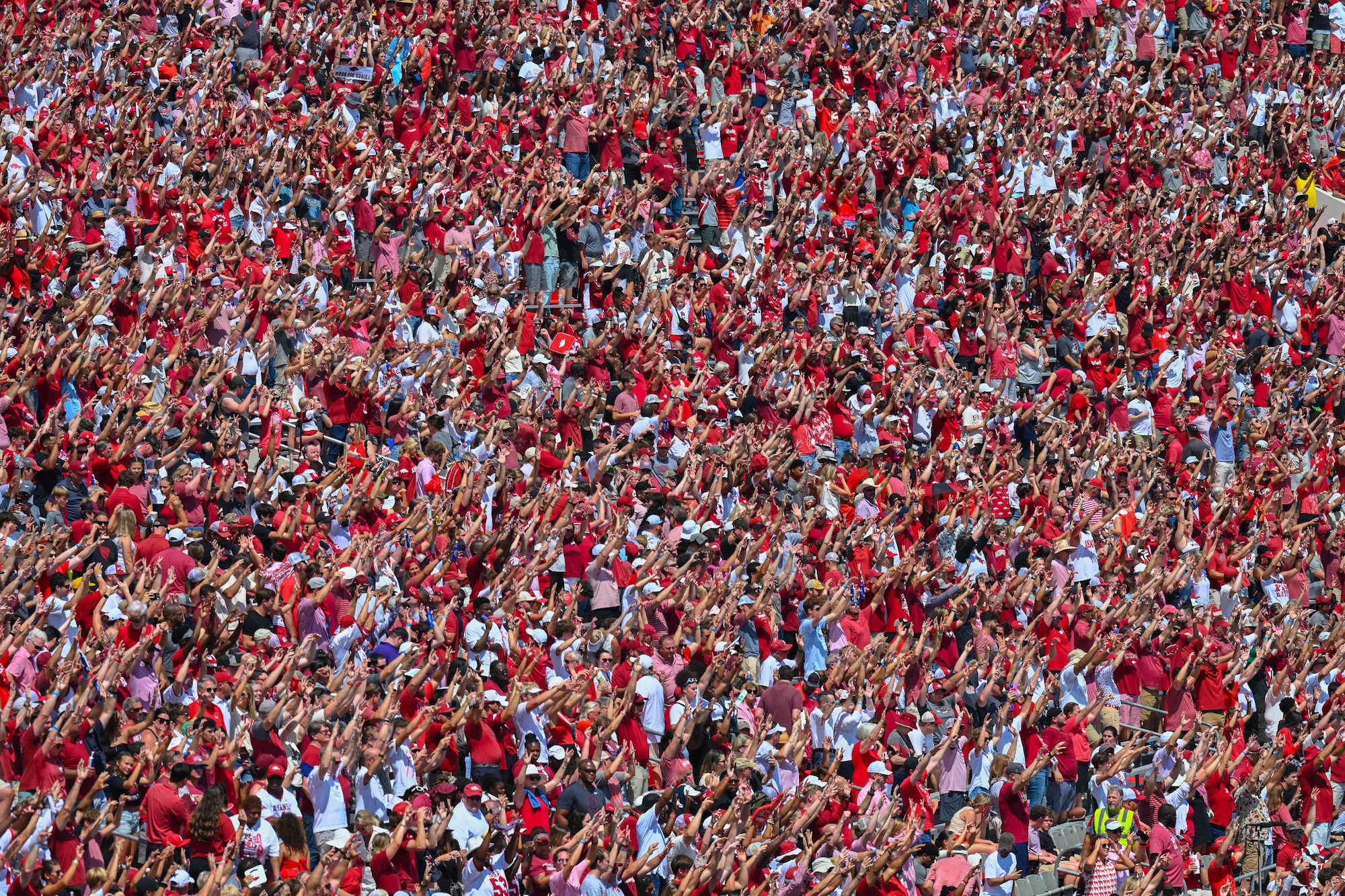 Fans cheer in the stands at a University of Arkansas Razorbacks football game