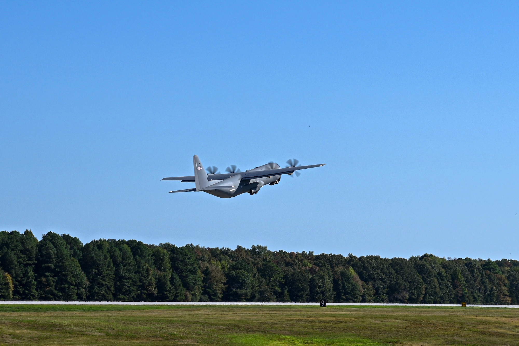A C-130J Super Hercules takes off from Little Rock Air Force Base