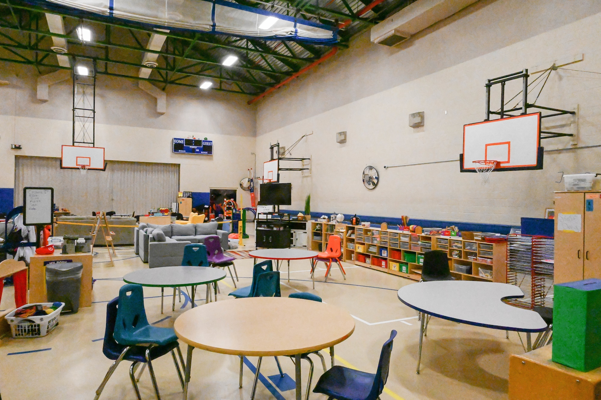 One of the classrooms that have been set up in the Youth Center gymnasium