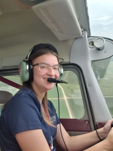 Air Force Junior ROTC Cadet Paris Thompson takes the stick during a flight over Iowa on July 20, 2023. Thompson, a student at Hamilton High School, Chandler, Ariz., was one of the cadets taking part in the Air Force JROTC Flight Academy private pilot certificate program at Iowa Lakes Community College, Estherville, Iowa, over the summer. Started in 2017, with the first cadets buckling into cockpits in summer 2018, the eight-week program was launched as part of the Air Force Aircrew Task Force, formed in part to restore the nation’s youths’ interest in aviation careers and to increase diversity in aircrews, both military and civilian. (Courtesy photo)