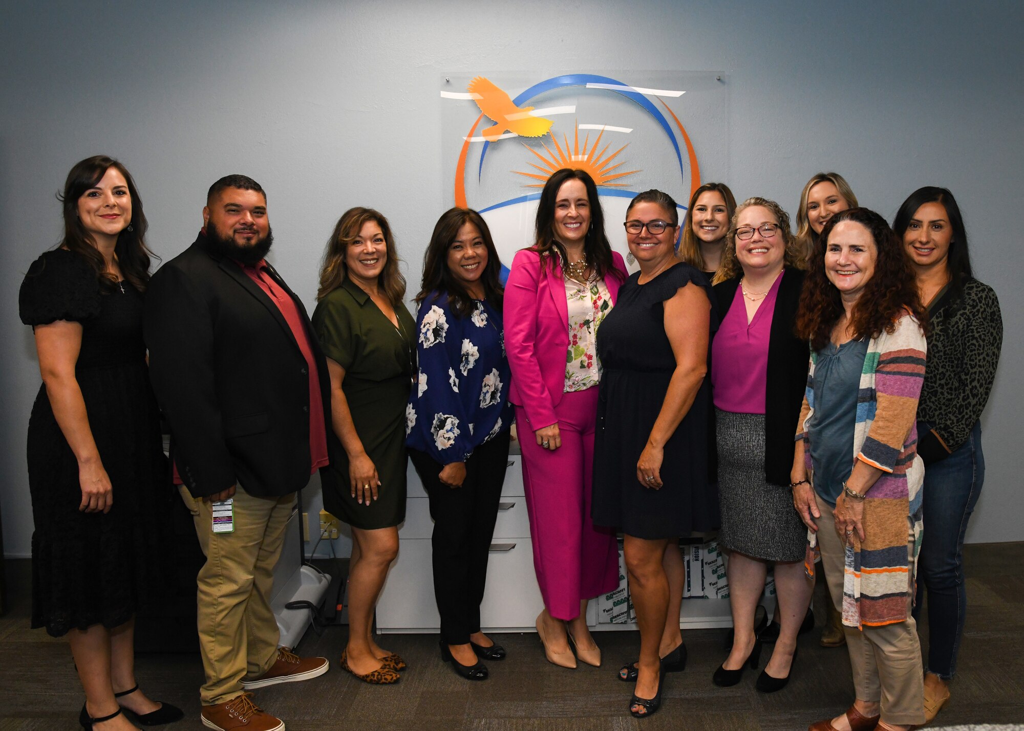 Jennifer Saltzman (fourth from right), wife of Chief of Space Operations Gen. Chance Saltzman, poses for a photo with the Military and Family Readiness Center staff and key spouses during a visit to learn about the center’s resources on Aug. 23, 2023, at Vandenberg Space Force Base, Calif. (U.S. Space Force photo by Senior Airman Rocio Romo)