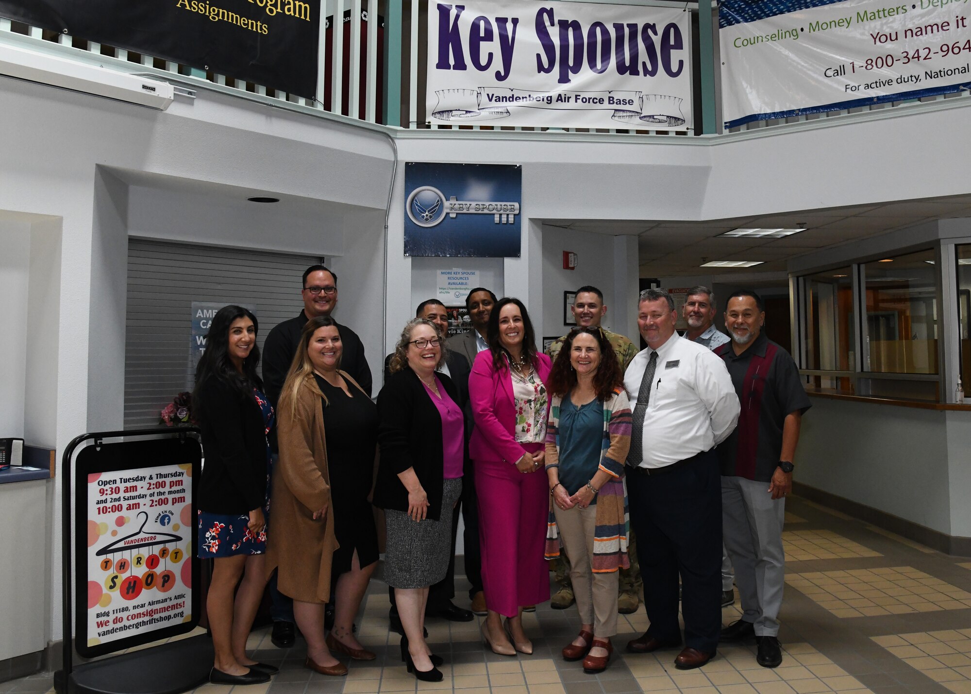 Jennifer Saltzman (fourth from right), wife of Chief of Space Operations Gen. Chance Saltzman, poses for a photo with the Military and Family Readiness Center staff and key spouses during a visit to learn about the center’s resources on Aug. 23, 2023, at Vandenberg Space Force Base, Calif. (U.S. Space Force photo by Senior Airman Rocio Romo)
