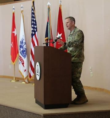 Brig. Gen. Michael J. Dougherty delivers speech during assumption of Command ceremony on April 15, 2023 at Fort McCoy, Wisconsin.