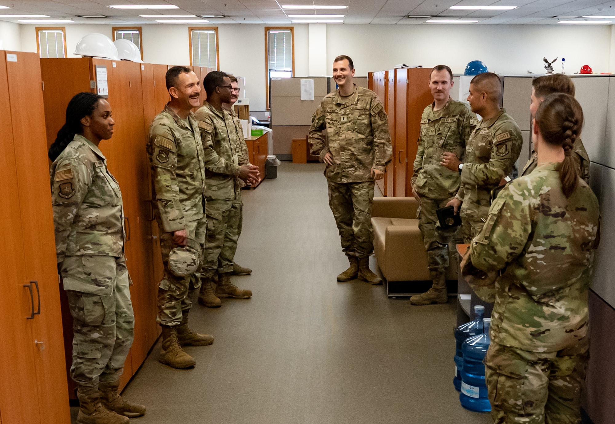 U.S. Air Force Capt. Mark Bradshaw, 51st Fighter Wing chaplain, interacts with 51st Civil Engineer Squadron Airmen at Osan Air Base, Republic of Korea, Sept. 6, 2023.