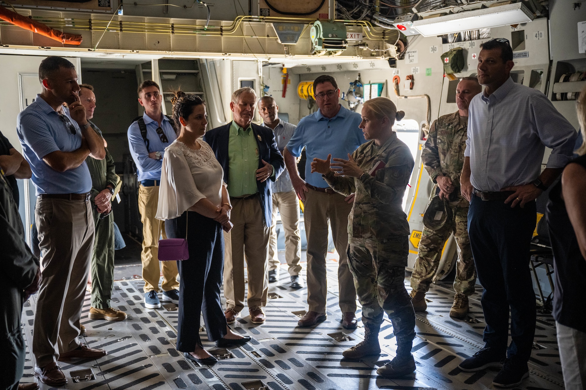 Col. Michele Lo Bianco, 15th Wing commander, briefs delegation members from the House Permanent Select Committee on Intelligence, Armed Services and Appropriations during a site visit at Joint Base Pearl Harbor-Hickam, Hawaii, August 31, 2023. Lo Bianco educated delegation members on the Wing’s ability to enable, employ and project combat air power within the Indo-Pacific theater. (U.S. Air Force photo by Senior Airman Makensie Cooper)