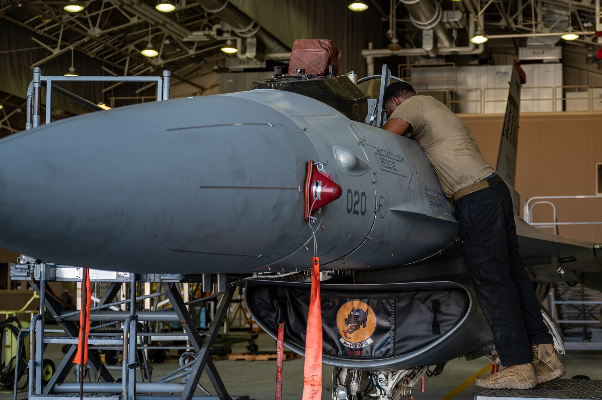 U.S. Air Force Senior Airman John Johnson, 36th Fighter Generation Squadron advanced avionics technician, conducts routine maintenance on an F-16 Fighting Falcon at Osan Air Base, Republic of Korea, Sept. 6, 2023. The F-16s flown by the 36th Fighter Squadron are equipped with advanced avionics, enabling them to establish a formidable deterrent presence in the skies over the ROK. The avionics Airmen are crucial to the F-16 mission, providing advanced navigation, communication, and targeting capabilities, enhancing the aircraft's situational awareness and combat effectiveness. (U.S. Air Force photo by Staff Sgt. Thomas Sjoberg)