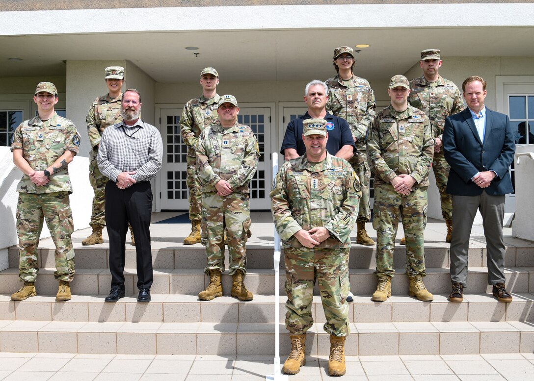 U.S. Space Force Chief of Space Operations Gen. Chance Saltzman, poses for a group photo outside of the Vandenberg Pacific Coast Club during his visit to Vandenberg Space Force Base, California on Aug. 23, 2023.