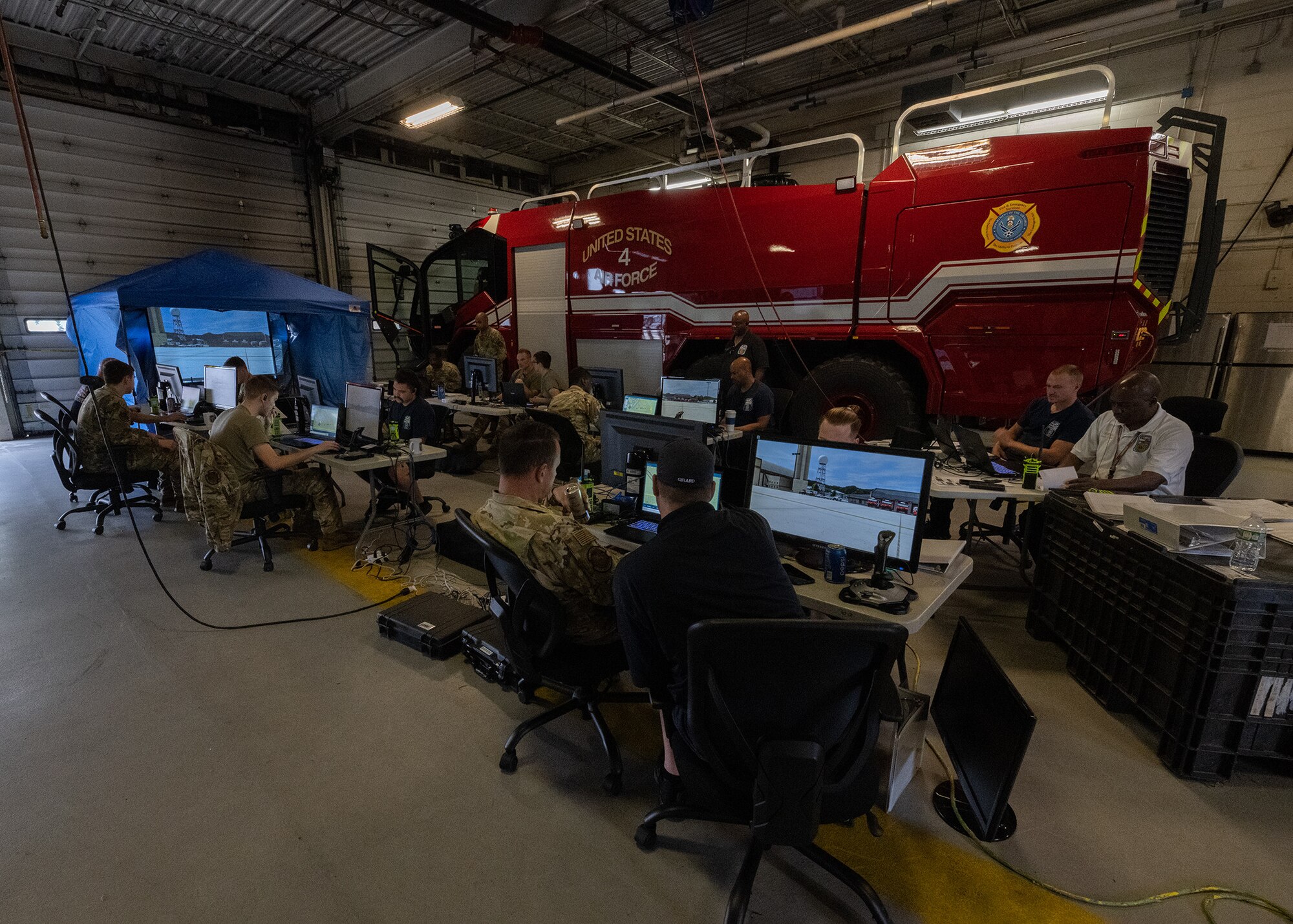 316th Wing Civil Engineer Squadron fire emergency members utilize the new Advanced Disaster Management Simulator at Joint Base Andrews, Md., Aug. 29, 2023.