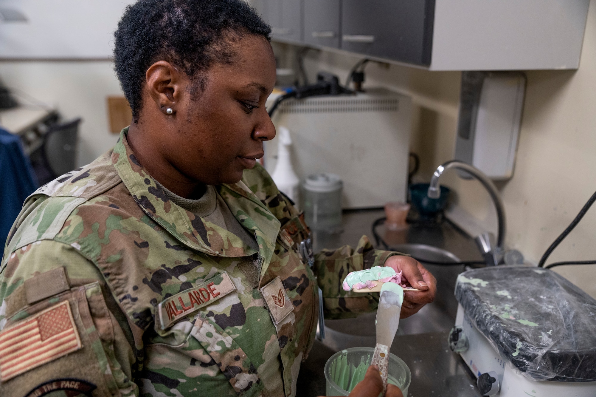U.S. Air Force Staff Sgt. Miyah Vallarde, 51st Operational Medical Readiness Squadron dental flight lab technician, casts a dental mold at Osan Air Base, Republic of Korea, Sep. 6, 2023.