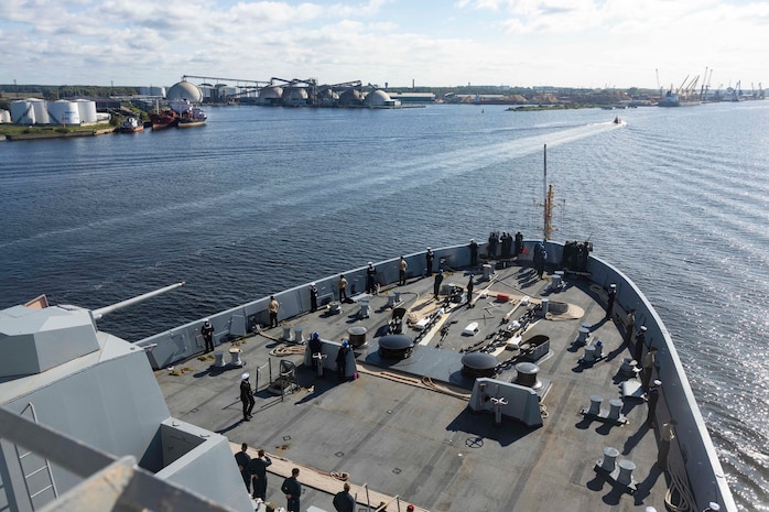 The San Antonio-class amphibious transport dock USS Mesa Verde (LPD 19) and embarked 26th Marine Expeditionary Unit (Special Operations Capable) Bravo Command Element, arrived in Riga, Latvia for a routine and scheduled port visit, Sept. 8, 2023.