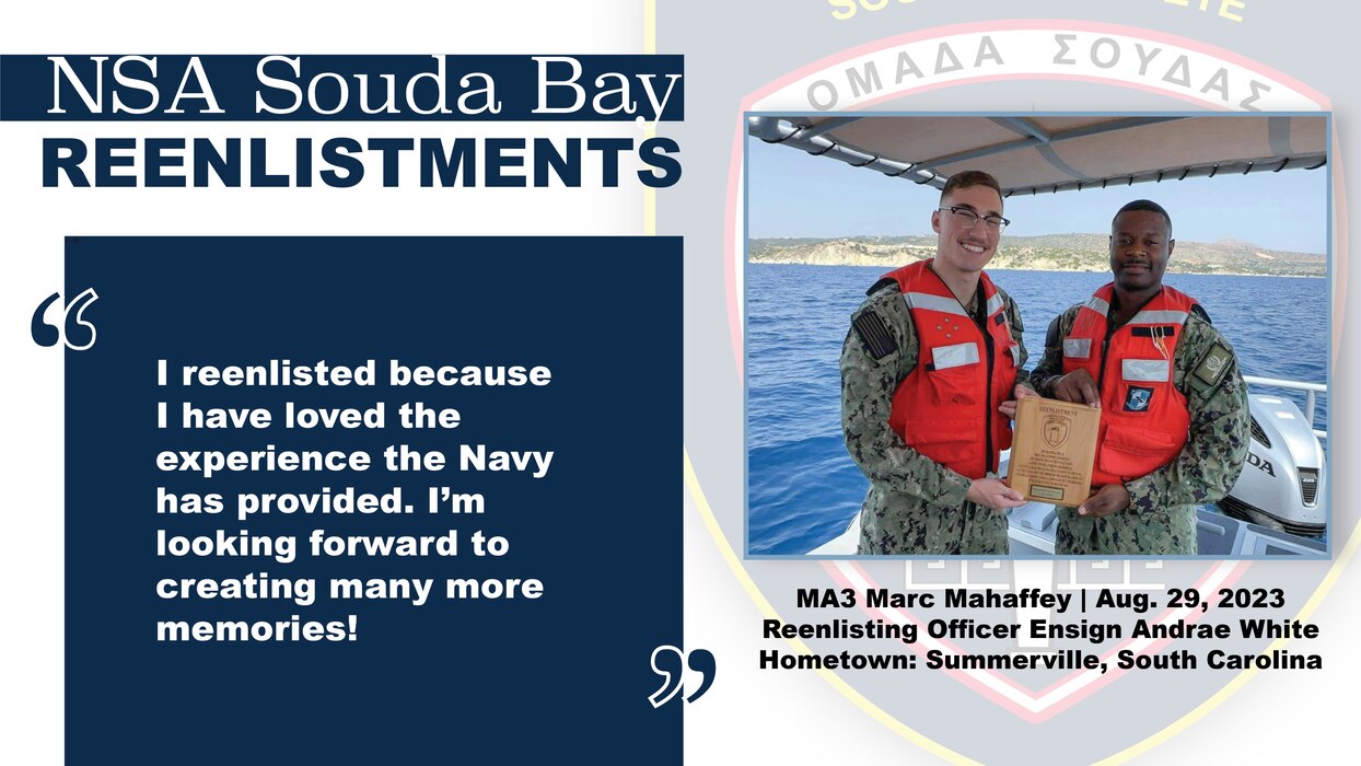Master-at-Arms 3rd Class Marc Mahaffey, assigned to Naval Support Activity Souda Bay, Greece, is reenlisted by Ensign Andrae White, security officer, NSA Souda Bay, at the NATO Marathi Pier Complex on Aug. 29, 2023.