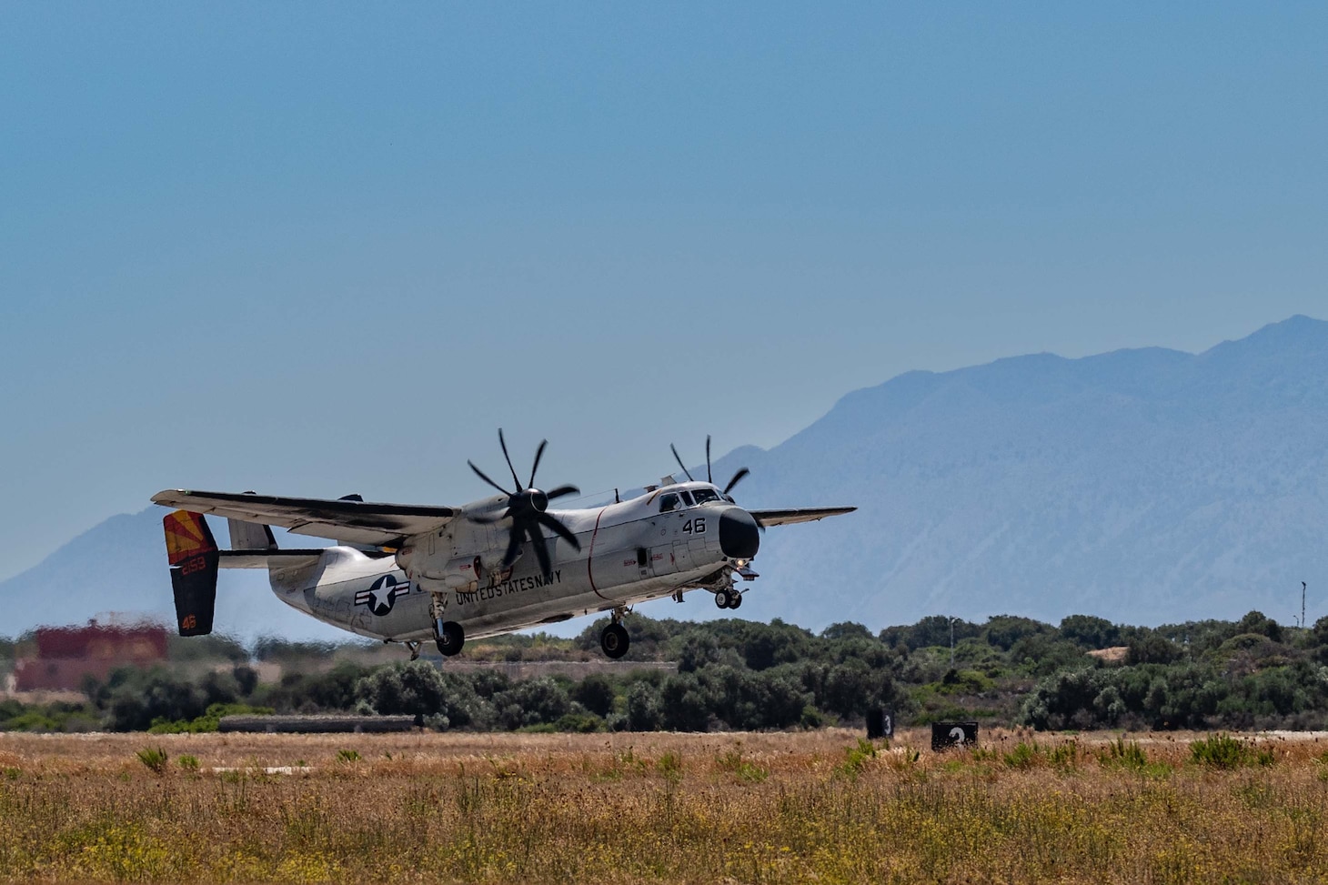 A C-2A Greyhound assigned to Detachment Two of the Fleet Logistics Support Squadron 40 bound for USS Gerald R. Ford (CVN 78) departs Naval Support Activity Souda Bay to perform a carrier onboard delivery, Aug. 31, 2023.