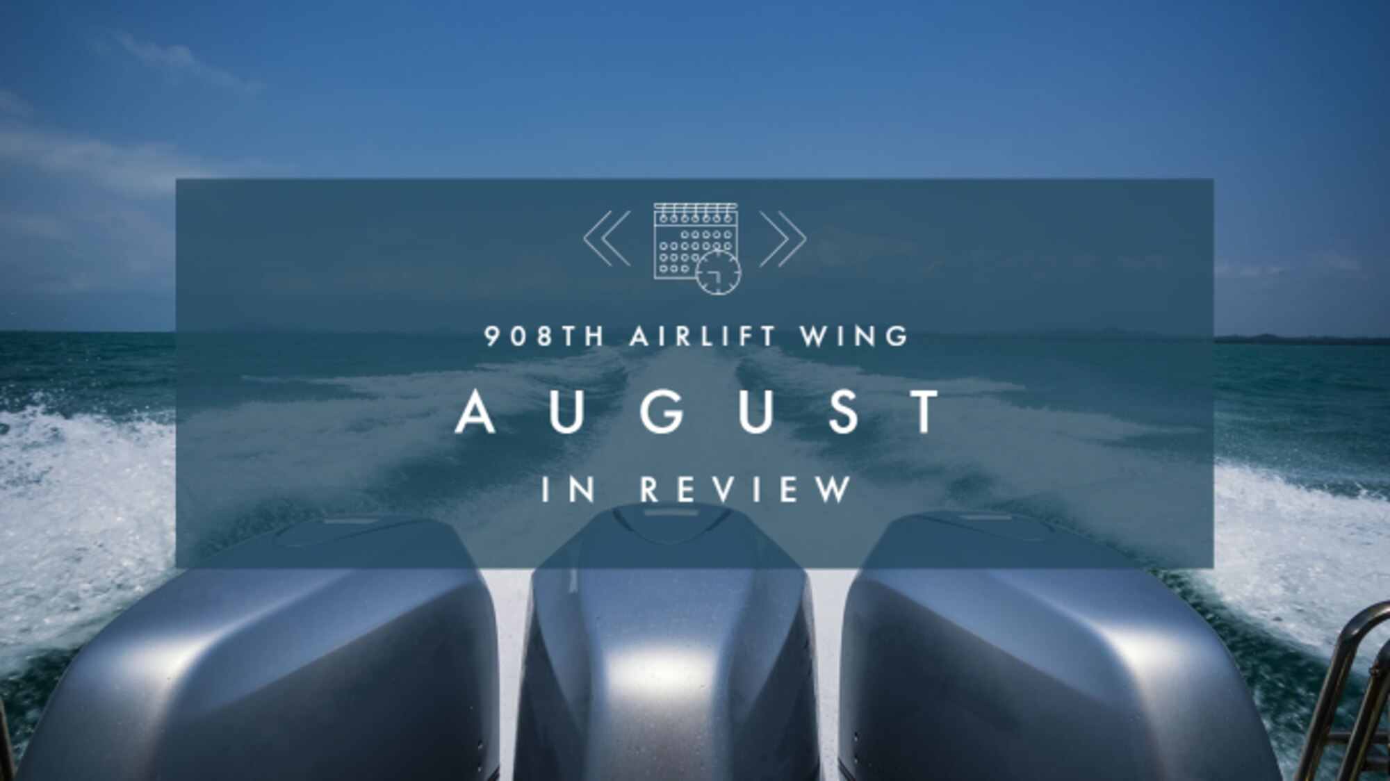 a graphic showing the back of a boat in water representing August