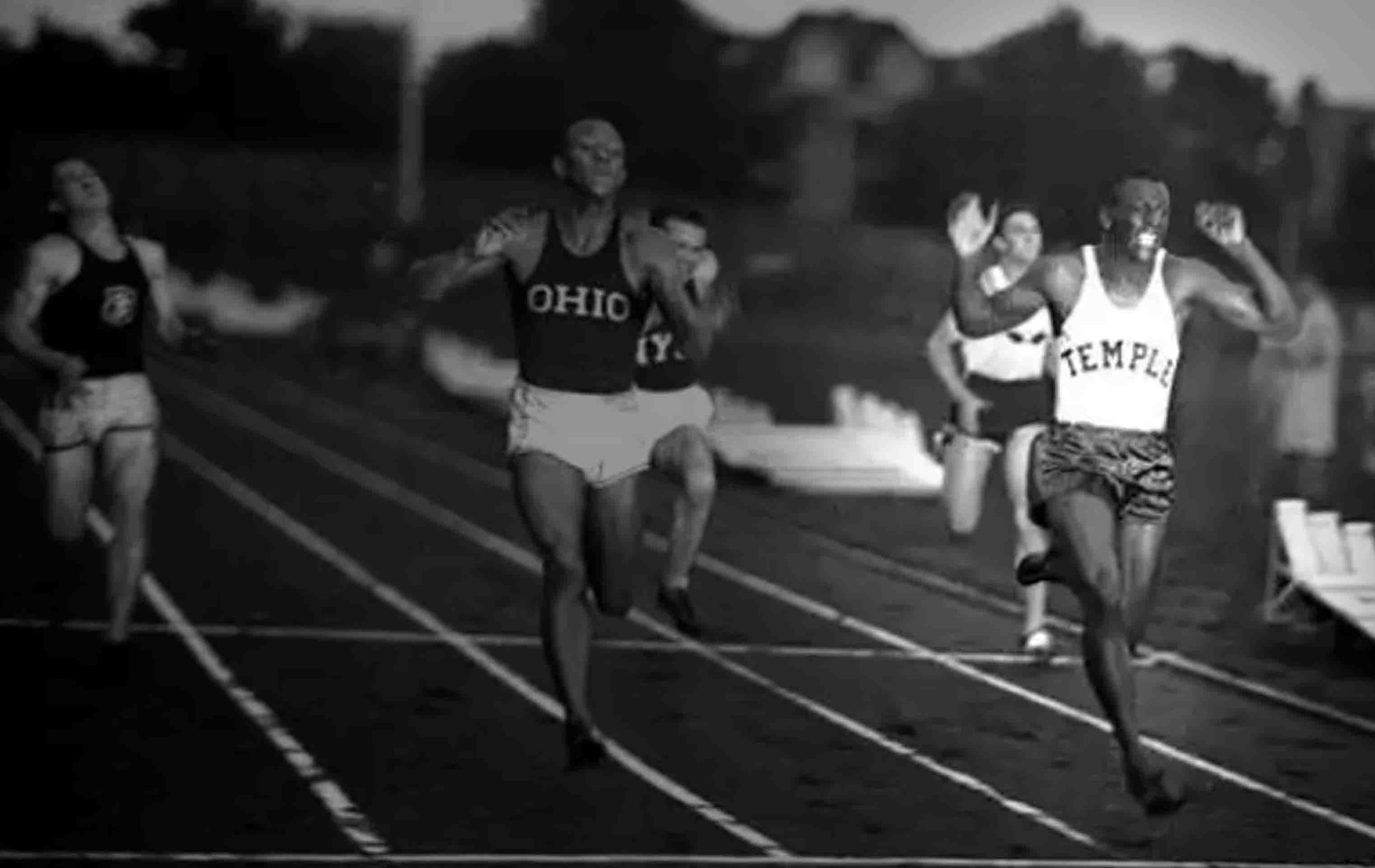 Iconic image of Jesse Owens losing the 100-yard dash at Ohio Field to Eulace Peacock. This meet was Owens’ third straight loss to Peacock, and one of the ten times Peacock beat Owens in the sprints and long jump. (Courtesy of the author)